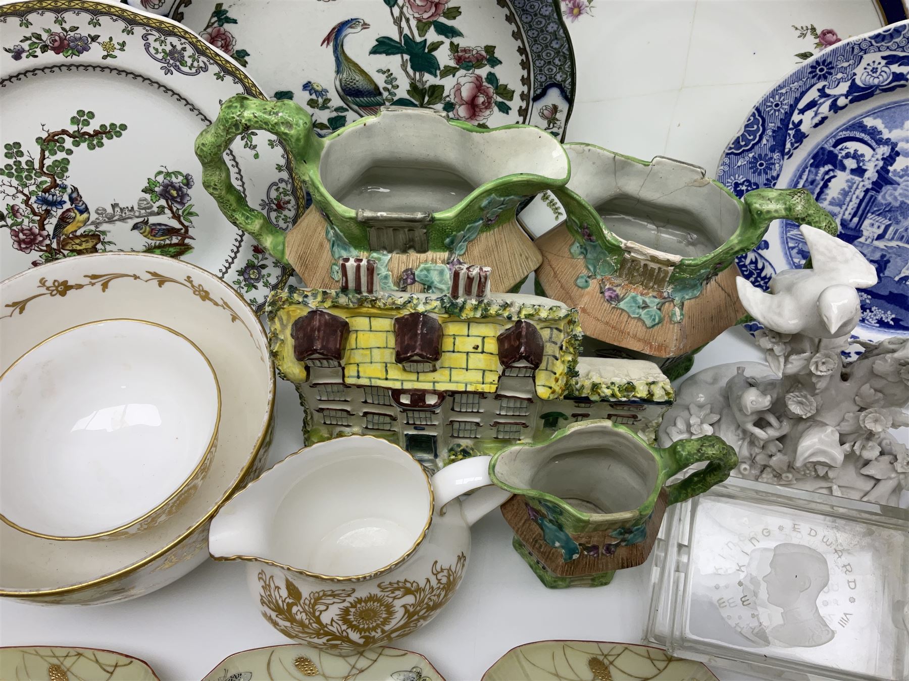 Royal Crown Derby Brocade pattern jug and sugar bowl, together with a similar gilt floral pattern bowl, three graduating Staffordshire style pearlware cottage jugs, Leeds Pottery model cottage and other ceramics and glassware, etc