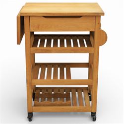 Modern oak butchers block, drop leaf end with towel rail to the other side, above three tiers raised on plastic castors 