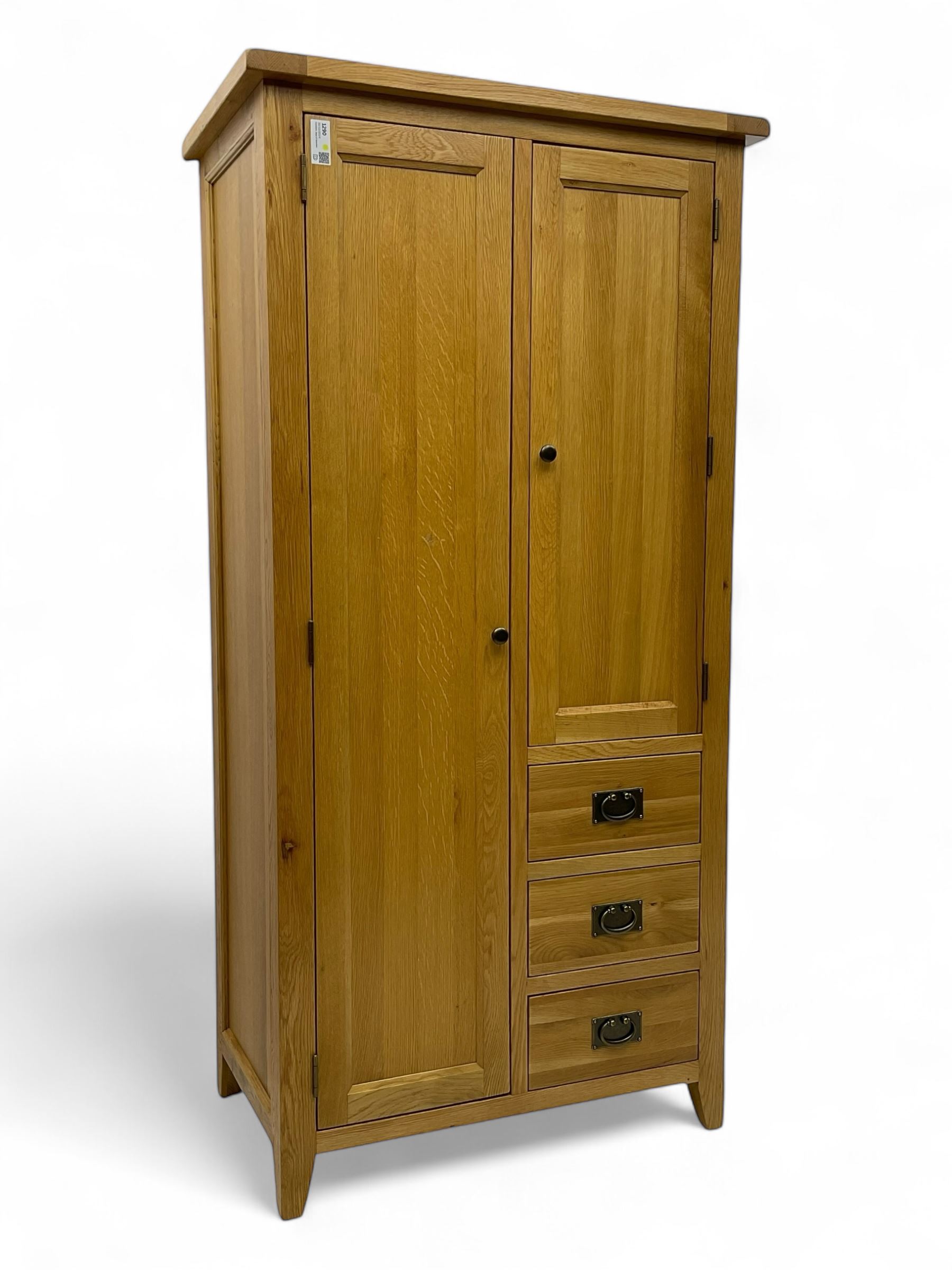 Light oak combination wardrobe, fitted with full-height compartment, single cupboard and three small drawers