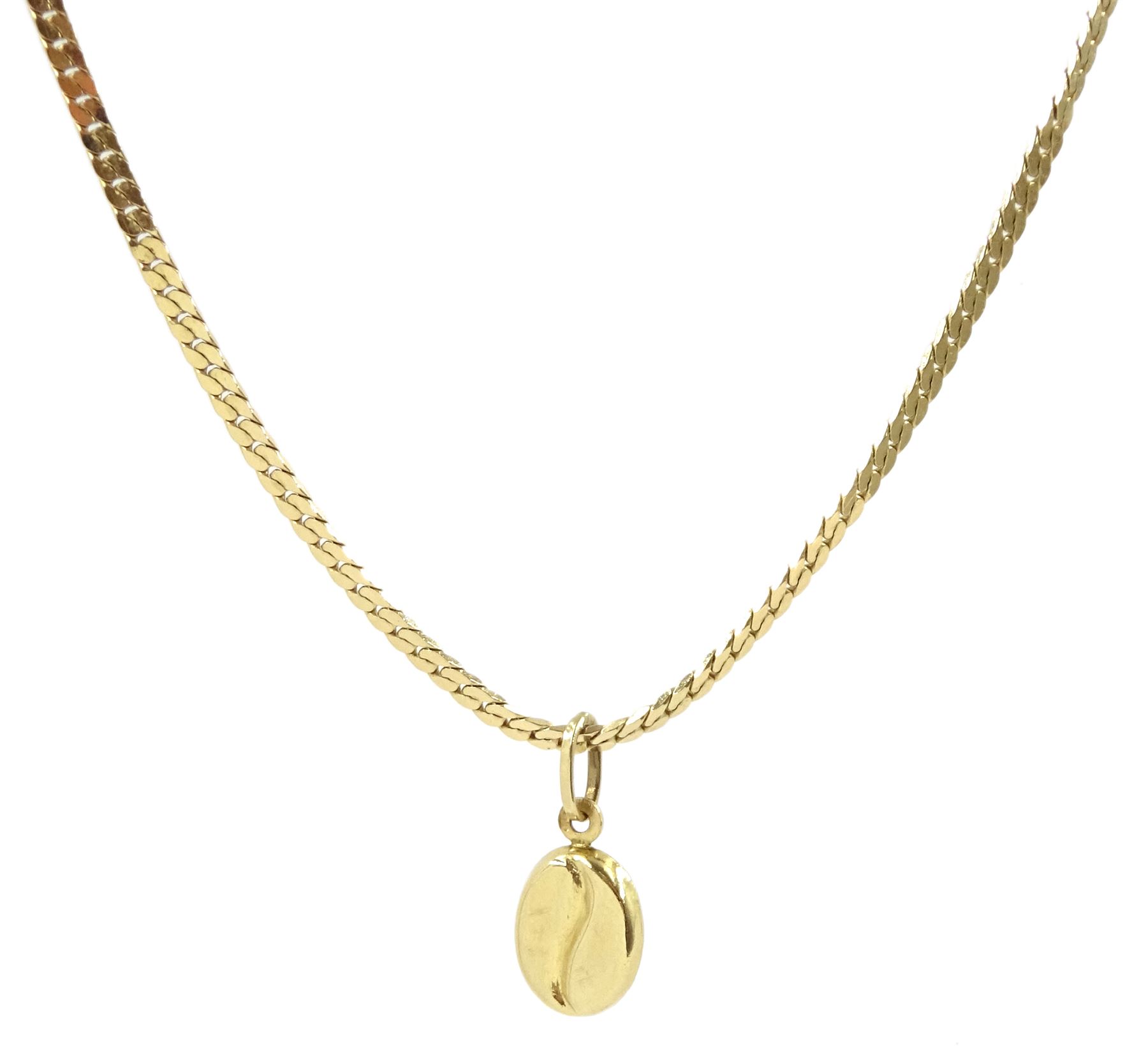 9ct gold coffee bean pendant necklace on a 14ct gold flattened link necklace chain, stamped 585