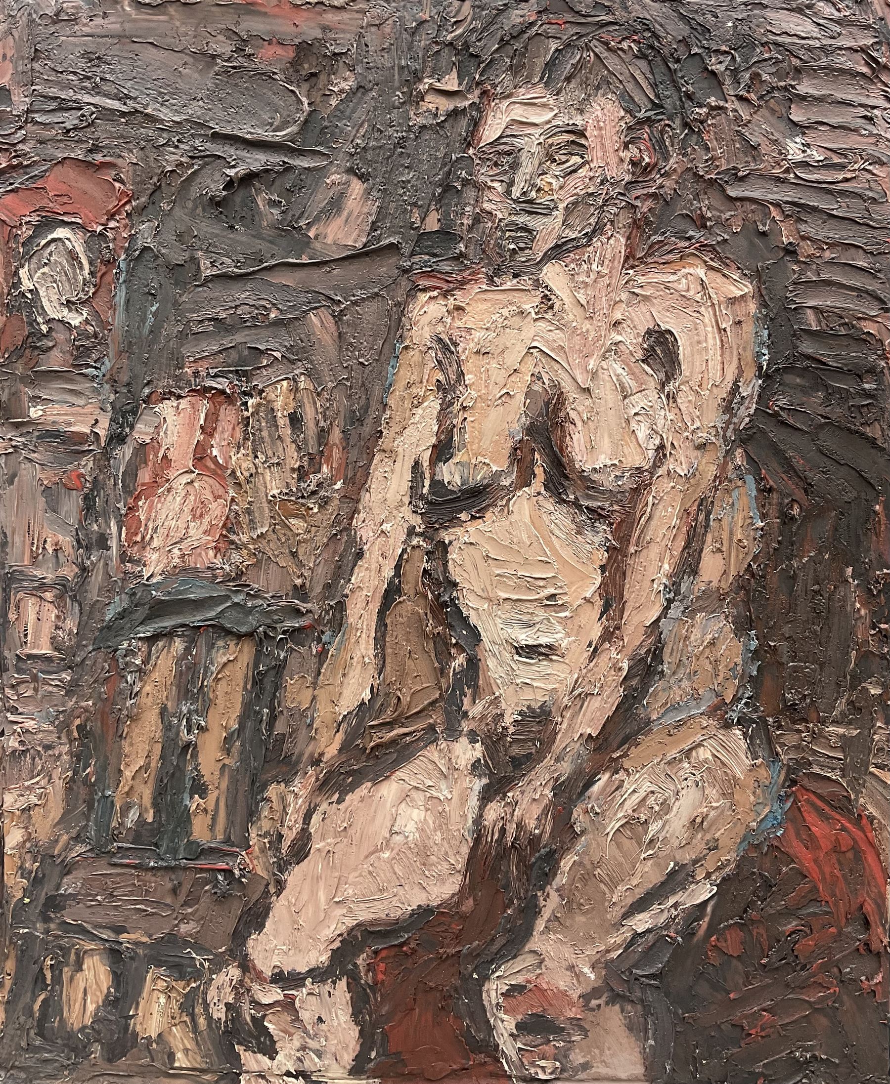 Barry De More (Northern British 1948-2023): 'First Time Sitting', oil impasto on cardboard, signed titled and dated 2017 verso 42cm x 34cm
Notes: Acclaimed as one of the North's greatest expressionist artists, Barry De More (1948-2023) used a heavy impasto style to transfer his love of Yorkshire landscapes, townscapes and people to canvas. His work sits comfortably in the company of work by Kossoff and Auerbach, selling to collectors in the UK and overseas. De More's work can be found in the permanent collection of work by Northern Artists at Dean Clough, one of the UK's largest contemporary art galleries.