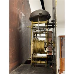 18th-century profusely carved oak longcase clock - with a pagoda pediment, upstands and carving, 
 break arch hood door flanked by reeded pilasters with brass capitals, trunk with canted corners and a spire topped door, square plinth with applied skirting, break arch brass dial with wheatsheaf engraving and cast cherub and crown spandrels, engraved break arch with the London clockmakers name John Gordin, silvered chapter ring with Roman numerals, five minute Arabic's, minute and quarter hour tracks, matted dial centre with ringed winding holes, square date aperture and seconds ring, dial pinned to a five pillar movement with inside countwheel striking, striking the hours on a cast bell. With weights and pendulum. John Gordin, is possibly a mis-spelling or phonetic spelling of John Gordon, of London, who worked from Ludgate Street in the parish of St. Gregory by St. Pauls. Apprenticed in 1689 and died in 1732 when his will was proven.
