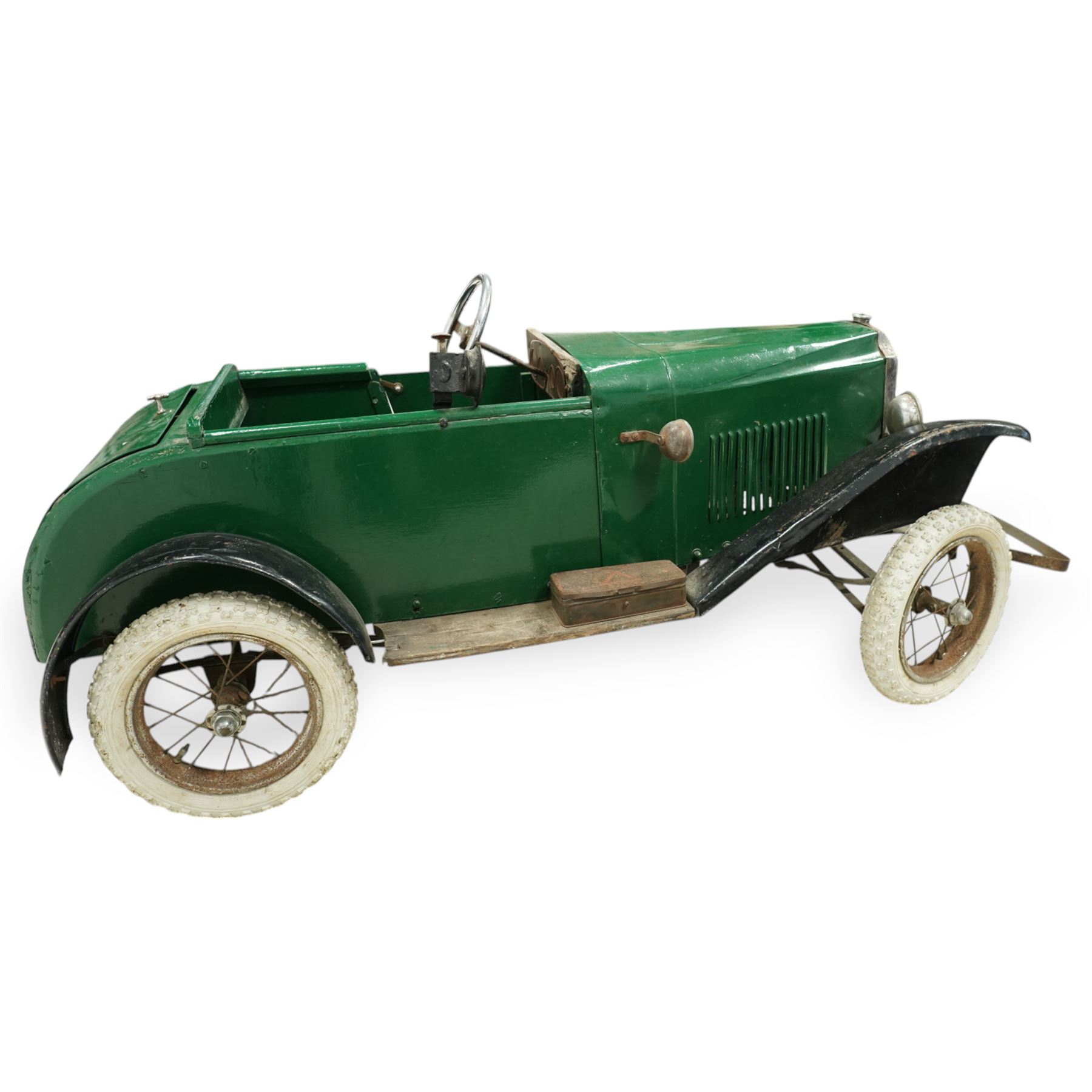 Lines Brothers Ltd. for Triang - 1920s/1930s children's open tourer pedal car, modelled as a Vauxhall, with 'British Racing Green' paintwork, body on metal chassis with toolbox to side and opening rear trunk 