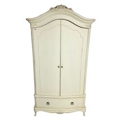 Willis & Gambier - ivory finish serpentine double armoire wardrobe, scroll carved shaped pediment over two doors enclosing hanging rail, with single drawer to base, on shell carved cabriole feet
