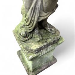 Cast stone garden statue figure, on plinth 