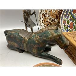 Two Greek Kerameikos plates together with a Kepamik plate and other Grecian style ceramics, carved African figures and treen, boxes etc 