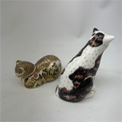 Two Crown Derby paperweights, the first modelled as Mother Cat, the second as Cottage Garden cat, each with mark beneath, and gold stopper. 