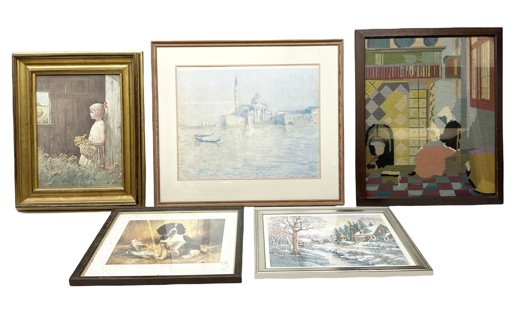 After Claude Monet (French 1840 - 1926): 'San Giorgio Maggiore', colour print; After Adolf Sehring (American 1930-): Summer Daydream, textured print; after John Trickett (British 1952-): Spaniel Puppy, colour print signed together with two needleworks (5)