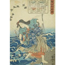 Utagawa Kuniyoshi (Japanese 1797-1861): 'Princess Anju' (Anju-Hime) from the series 'The Biographies of the Wise Women and Virtuous Wives (Kenjo Reppu Den)', colour woodblock print signed with artist's seal c.1842, 33cm x 23cm