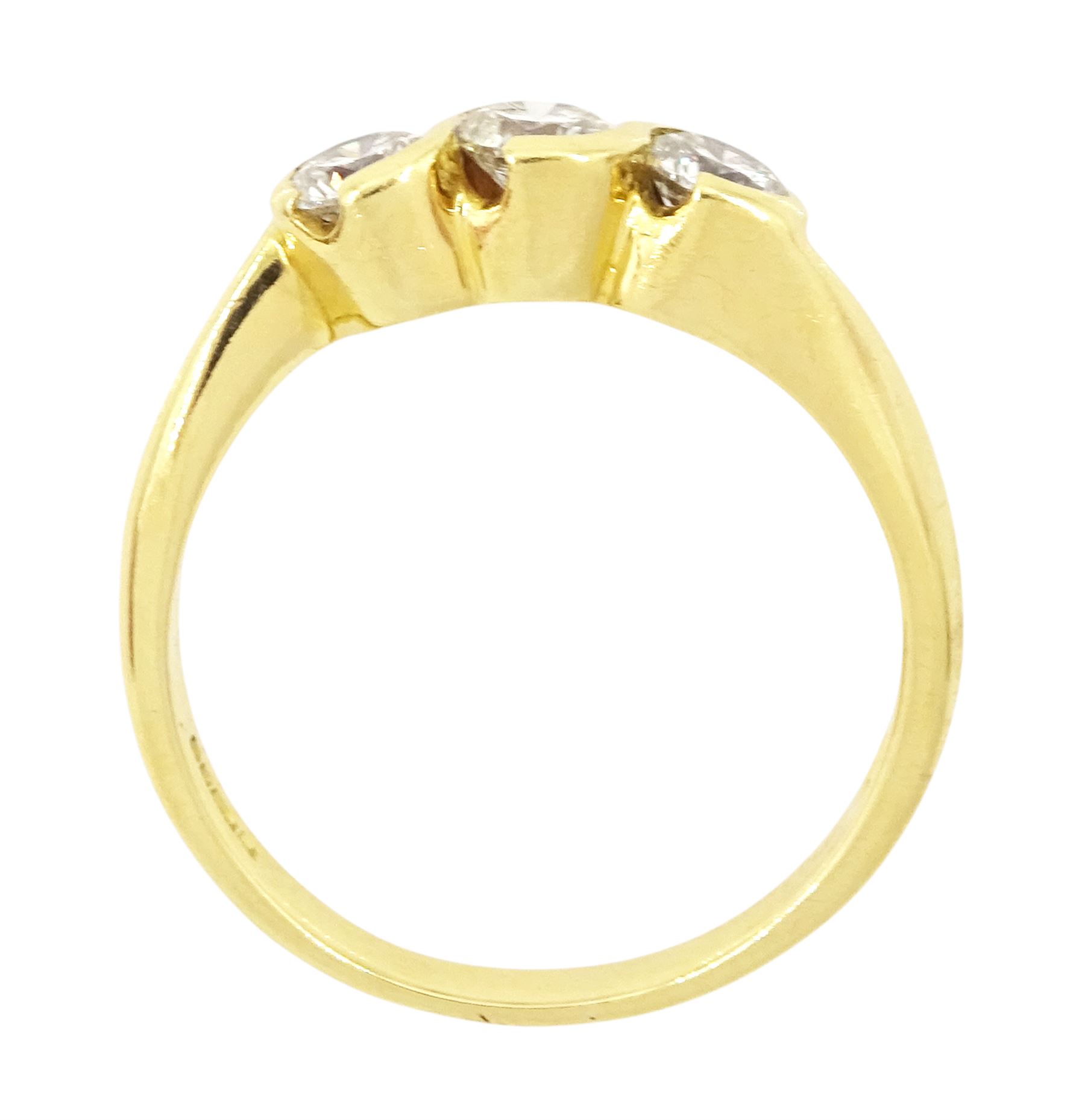 18ct gold diamond three stone ring, half bezel set with round brilliant cut diamonds, London 2002, total diamond weight approx 0.75 carat