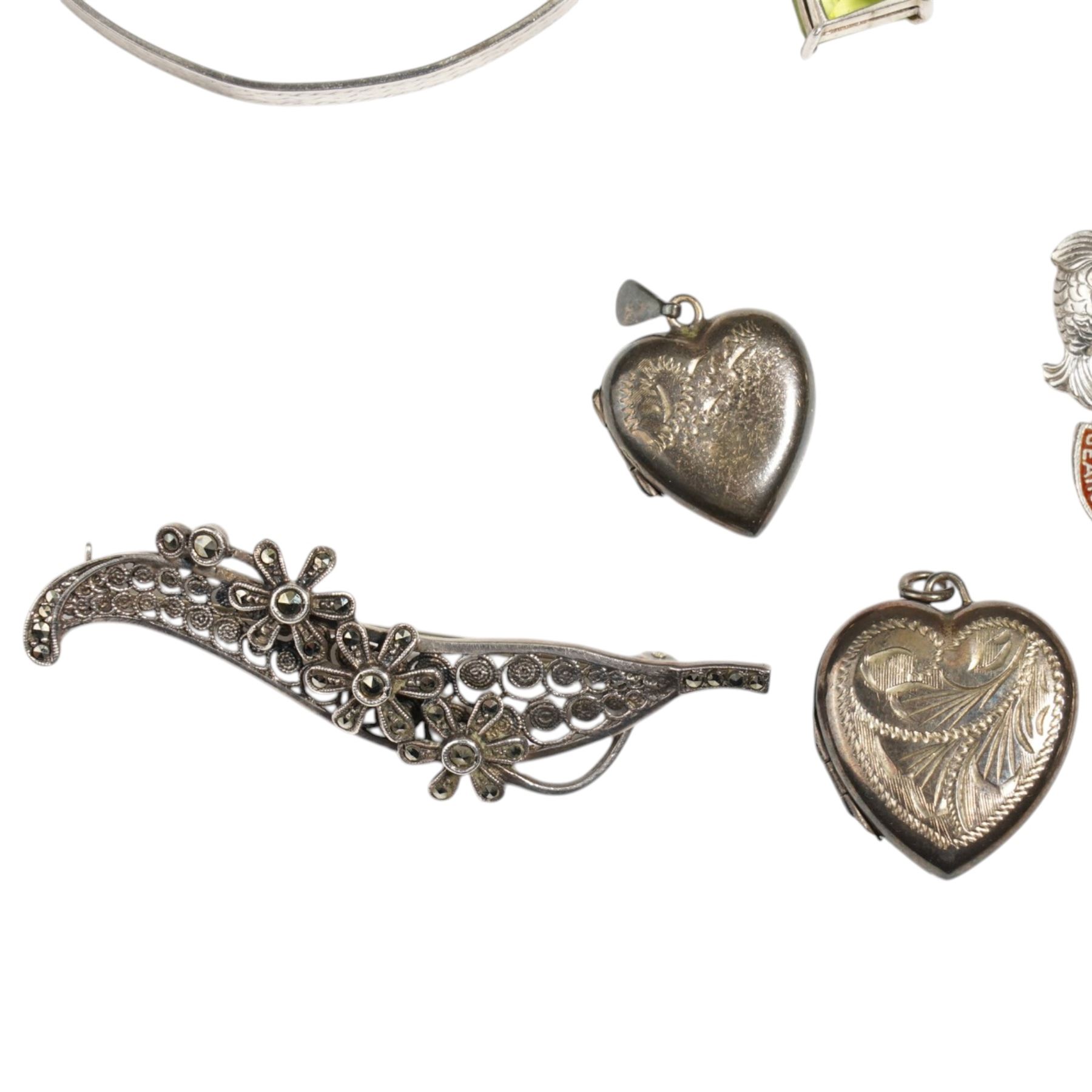 Silver jewellery including charm bracelet, bangle, stone set earrings and matching pendant and two heart pendants