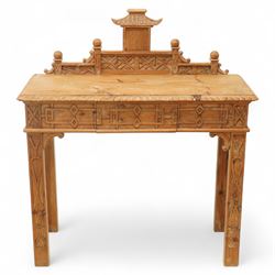 Late 20th century Chinese carved softwood altar table, the rectangular top with shaped gal...