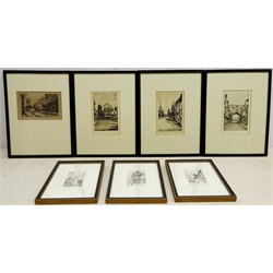  A.Simes AKA Edgar James Maybery (British 1887-1964): 'Mol's Coffee House Exeter', 'Salisbury', 'Bredon Village' and Betws Y-Coed Caernarfon', four etchings signed and titled and three etchings of York max 19cm x 14cm (7)   