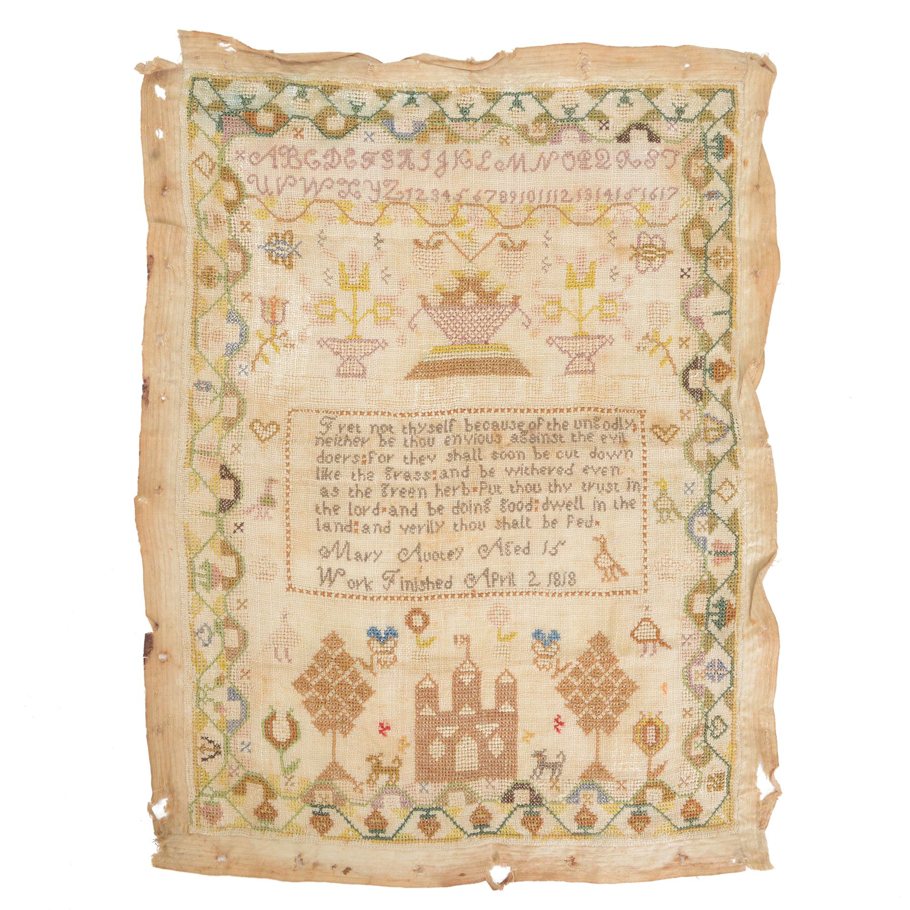 Early 19th century sampler worked by Mary Audley aged 15 years dated 1818, depicting alphabet and numbers above a religious passage, bordered by animals, buildings and insects, unframed, H45cm