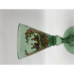 19th century bohemian green glass wine glass, the funnel bowl decorated in enamells with a Historismus hunting scene in the manner of Egermann & Lobmeyr, upon a baluster stem and circular foot, H14.5cm