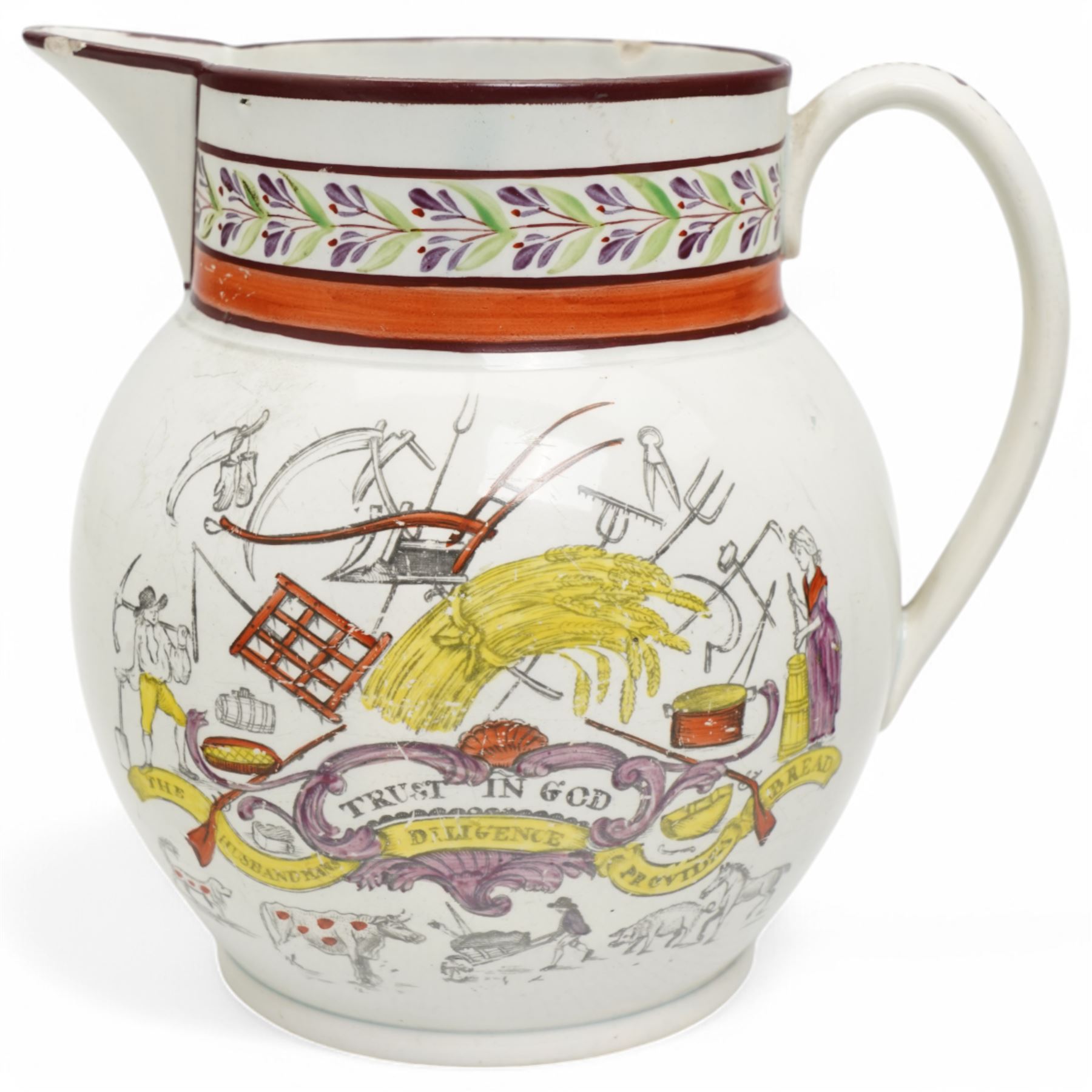 Art Nouveau Foley 'Intarsio' vase by Charles Wileman, c.1898, printed marks to base, H21cm; with a 19th century 'God Speed the Plough' pearlware jug, decorated with poem and farming motifs, H15cm (2)