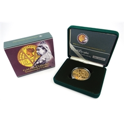 Queen Elizabeth II 2001 gold proof five pound coin, 'Gold Proof Victorian Anniversary Crown', struck in 22 carat gold, cased with certificate, number 614