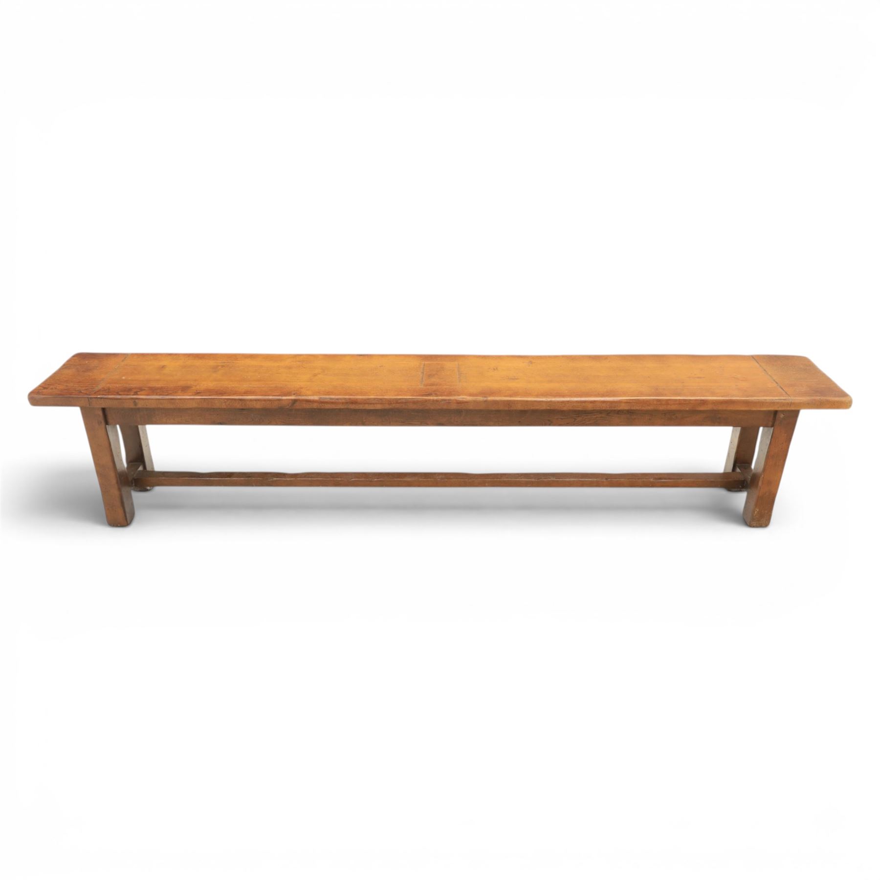Country pine draw leaf table, bench seat and six chapel chairs, the top of plank construction, with two frieze drawers, additional leaves extending to 320cm, with bench seat and six elm chapel seats