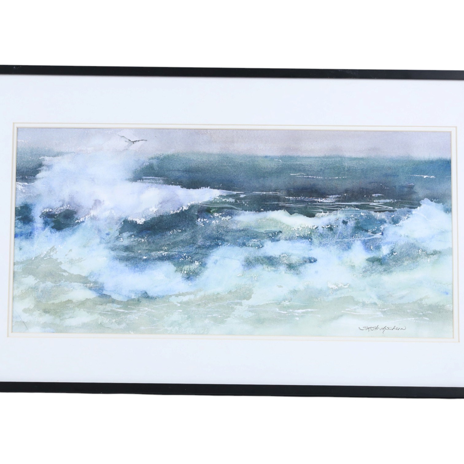 Sandra L Strohschein (American Contemporary): Lively Seascape, watercolour signed 22.5cm x 48cm; Michael McEvoy (British Contemporary): 'Tea for Two' and 'Two's Company', set of four miniature oils on canvas, signed and titled on label verso, with easels 7cm x 7cm (5) (four unframed)