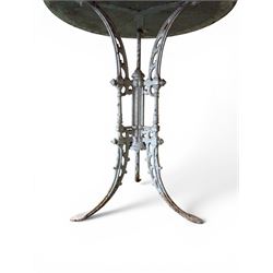 Victorian ornate cast iron garden table, trefoil base with central enclosed column, circular top with later marble, with registration mark