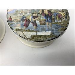 Two Victorian coloured pot lids and bases, The Enthusiast and Transplanting Rice, D10.5cm
