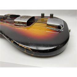 Early 1960s American Fender Precision electric bass guitar with original three-tone sunburst finish and faux tortoiseshell scratch plate; rosewood fretboard; all original fittings including chromium plated bridge and pick-up covers, finger rest, 'pots' and machines, dated on end of neck 5NOV62C, serial no.91625; L115cm overall; in Selmer simulated reptile skin covered carrying case. Sold with non-transferrable CITES A10 licence, certificate no.23GBA10CNKKEB, serial no.441200, dated 30th August 2023. Also included are original 1960s photographs of the band 'The Rascals' and photocopies of newspaper cuttings advertising their forthcoming performances along with a photocopy of a photograph of their television appearance on 'Opportunity Knocks' in 1967/8 (coming second to Mary Hopkins). In addition there is a reel-to-reel tape recording and USB stick of the band playing and two sheets of biographical information. Auctioneer's Note: The guitar was ordered by Trevor Parker from Pat Cornell's Music Shop, Spring Bank, Hull and imported from the USA in 1962, well before it was available in the UK. Trevor was the bass guitarist of The Rascals from Hull, later The Ides of March, who supported artists such as Elton John on the Hull circuit. Trevor played the guitar extensively until 1969 when The Rascals disbanded, he got married to Maureen and settled down to family life. Trevor sadly passed away in 2017, and after being in store for fifty-four years his widow has decided it is time for his guitar to be sold.