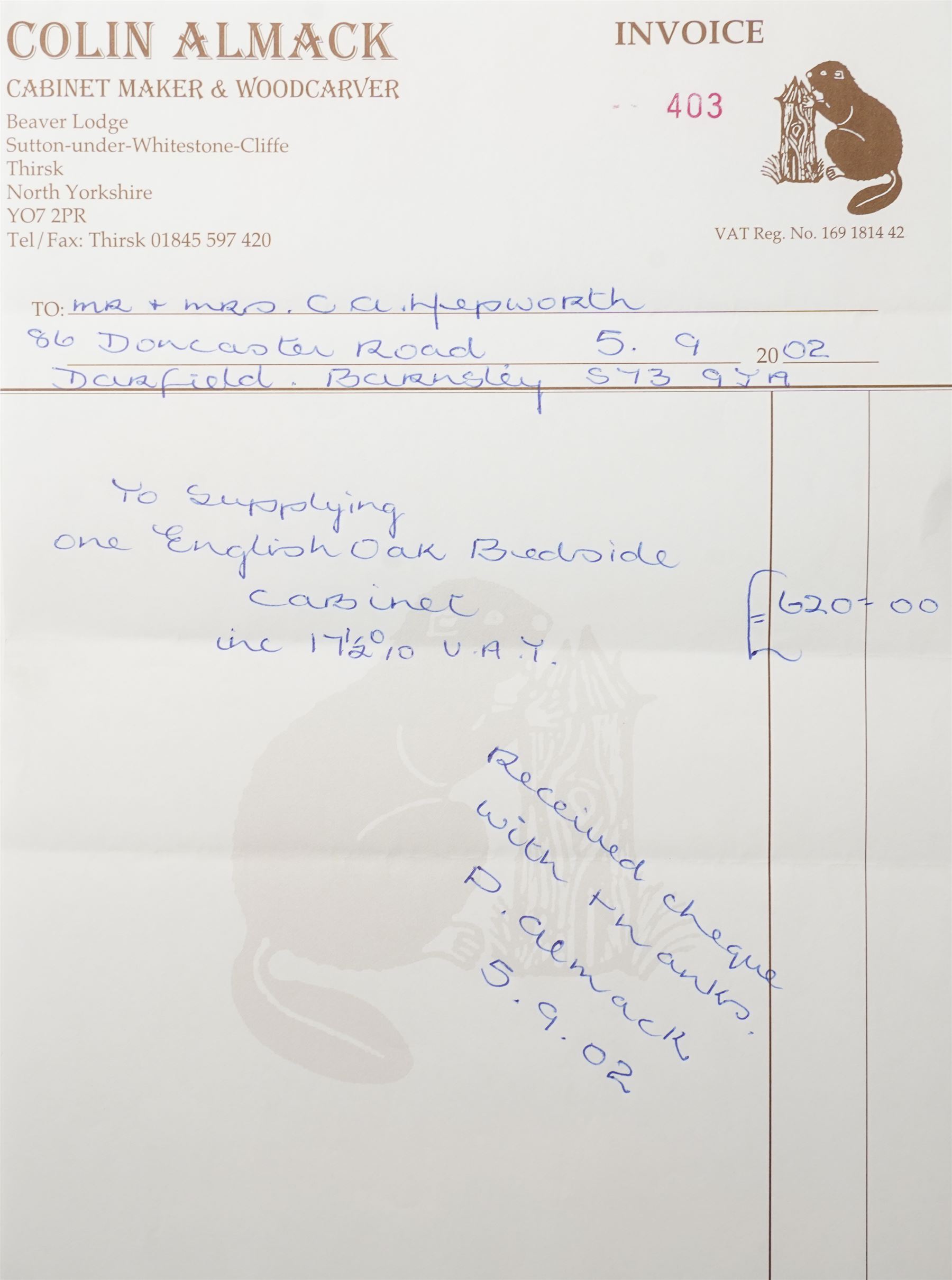 Beaverman - pair of oak bedside cabinets, each with plain rectangular top over single drawer and cupboard below with fielded panels and wrought iron hardware, with signature carved beaver, by the workshop of Colin Almack, Thirsk