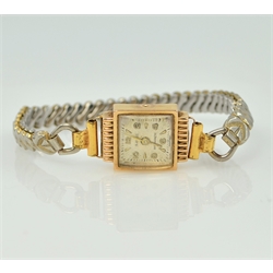  Early 20th century 9ct rose gold wristwatch, expanding gold bracelet and an 18ct gold wristwatch, square face stamped 750 on metal bracelet  