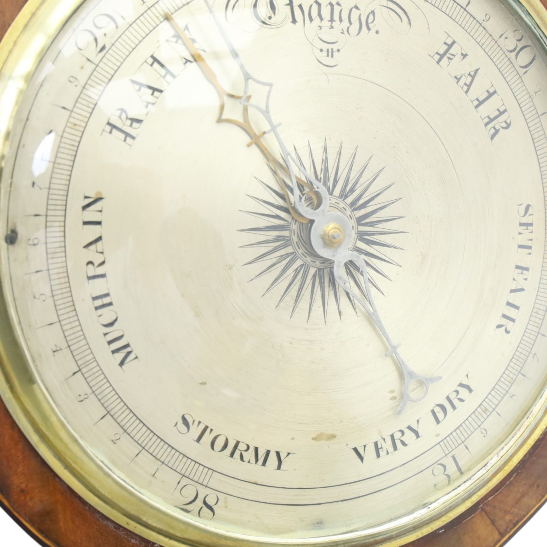 Jerome Vassalli of Scarborough - 19th century mahogany wheel barometer, the swan neck pediment above a hygrometer, thermometer, convex mirror and silvered barometer dial, with spirit level below, H  7cm