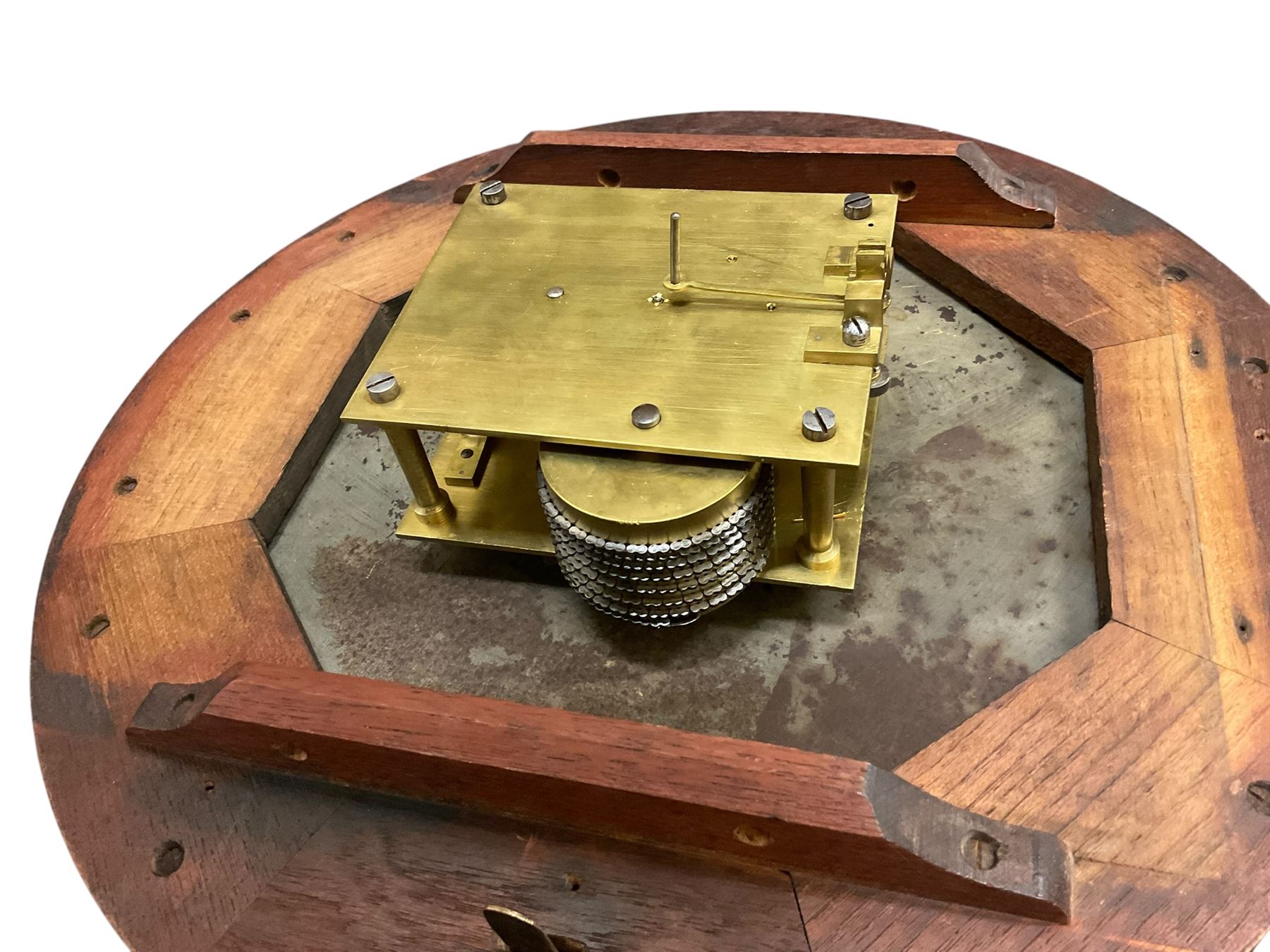 Jens Von Hoffmann of South Shields - Late 19th century 8-day fusee wall clock with a mahogany dial surround and cast brass bezel,  12” painted dial, with Roman numerals, minute track and spade hands,  with a four pillar timepiece chain driven fusee movement. With pendulum and key.
Case with later additions.