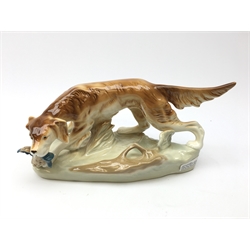  Royal Dux porcelain group of a Hunting Dog with a bird, printed marks and pink triangle mark, L36cm   