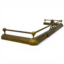 Three 20th century brass fenders, two with pierced Art & Crafts design rails, largest W156cm, D 45cm 