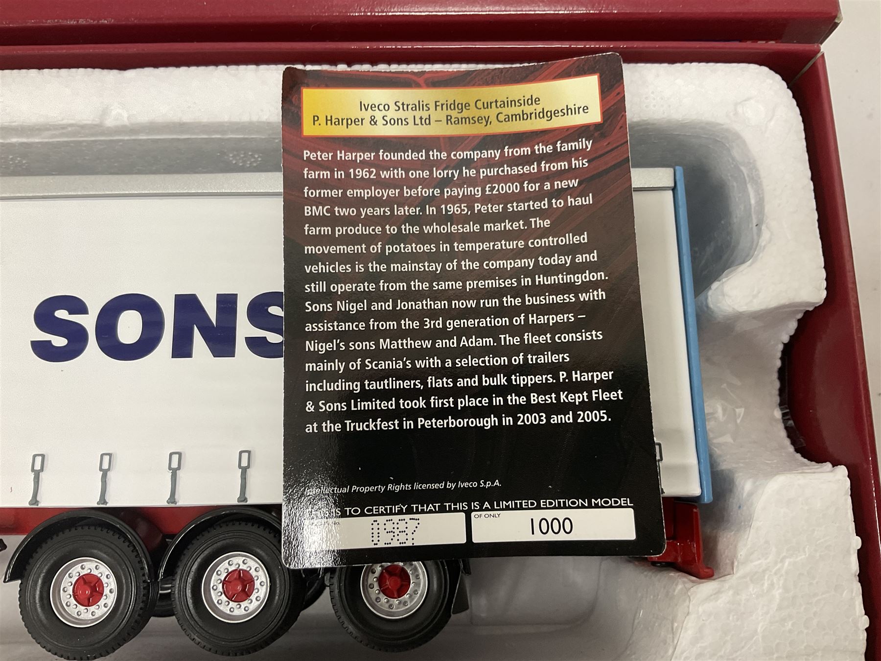 Corgi - Hauliers of Renown, three 1:50 scale models comprising CC14020 Volvo FH Curtainside - McMullan Transport Balleymoney, Co. Antrim, Northern Ireland no.820/1750; CC15006 Iveco Stralis Fridge Curtainside P. Harper & Sons Ltd - Ramsey, Cambridge, no.987/1000; CC15303 Scania 141 Canvas Load R. T. Keedwell Ltd - Highbridge, Somerset no.876/1000; all boxed 