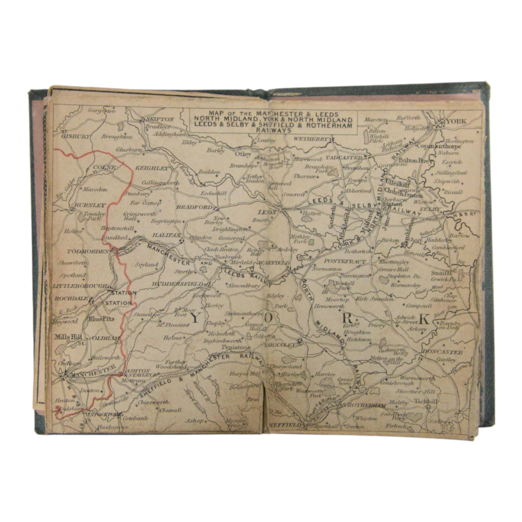 Bradshaw's Northern Railway Time Table issued 19th October 1839, the first of Bradshaw's Railway Time Tables, the green cloth cover with gilt lettering to front, the interior with railway maps of Lancashire, Manchester and Liverpool and details of rail fares