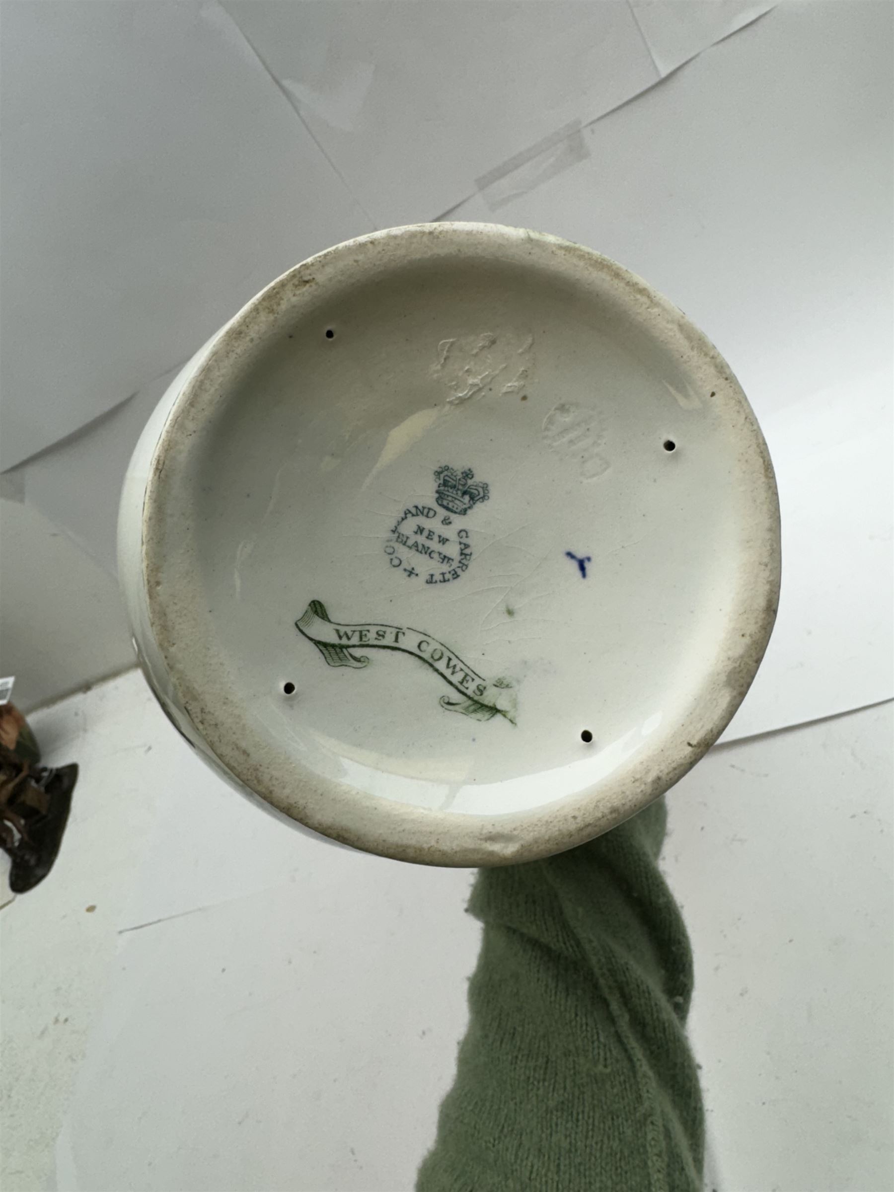 19th century Copeland & Garrett New Blanche wash jug, with green transfer printed decoration of 'West Cowes', H36cm, together with a treacle glaze pottery puzzle jug, H28cm