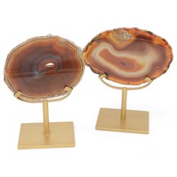 Pair of red agate slices, polished with rough edges raised upon gilt metal stands, H20cm