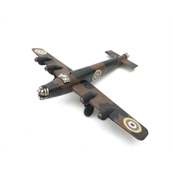  Hand made wooden model of a twin engined WW2 bomber, camouflage painted with roundels, L46cm  