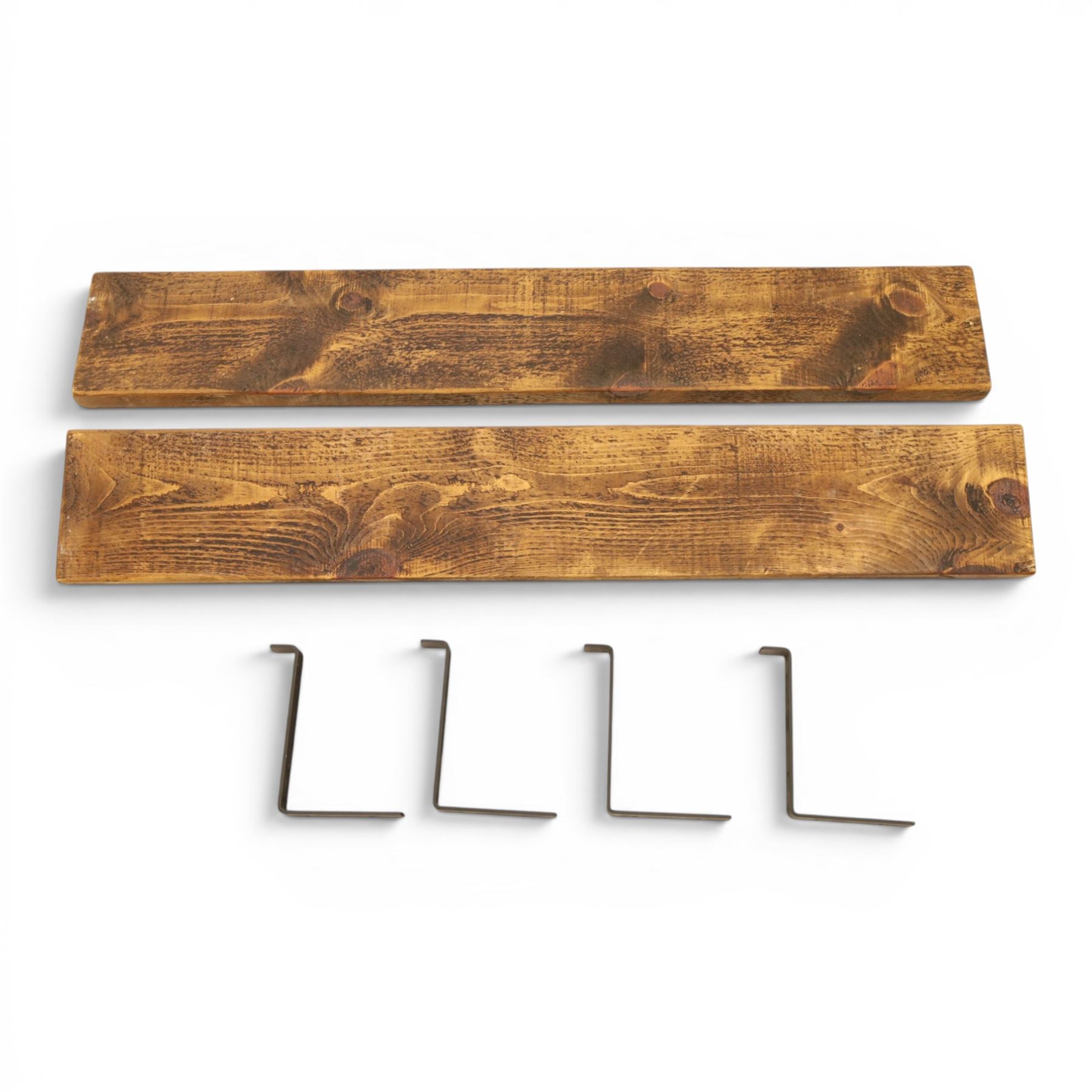 Pair of rustic pine shelves with metal brackets
