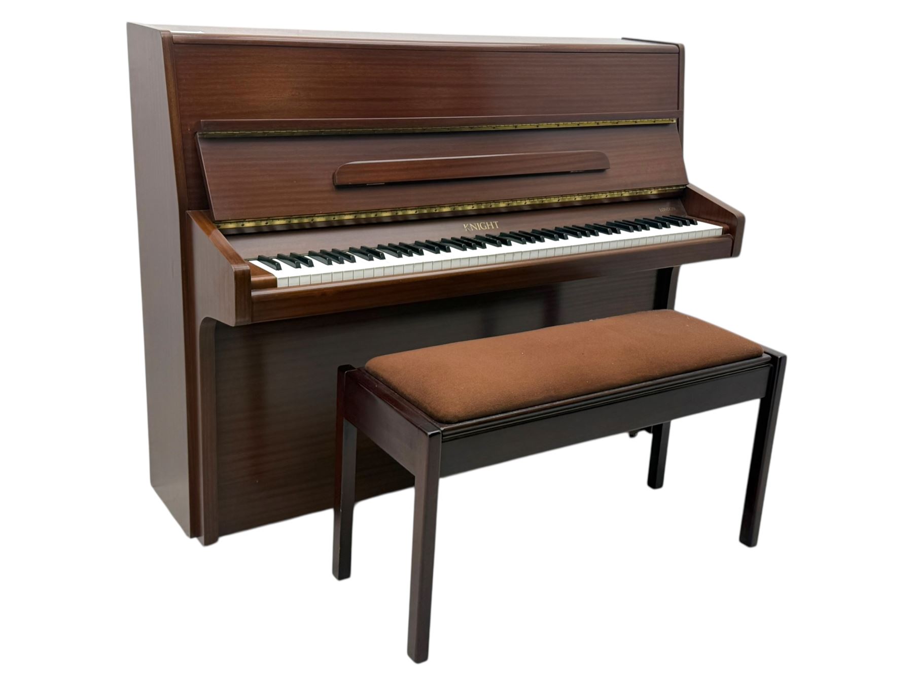 Knight - 20th century upright piano, in polished mahogany case with fall-front lid and twin brass pedals, complete with matching storage bench upholstered in brown fabric with receipt from Harrods (H 50cm x D 37cm W 95cm) 