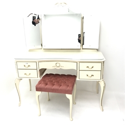 French style cream painted dressing table, raised mirror back, five drawers, cabriole supports (W124cm, H145cm, D51cm) with stool
