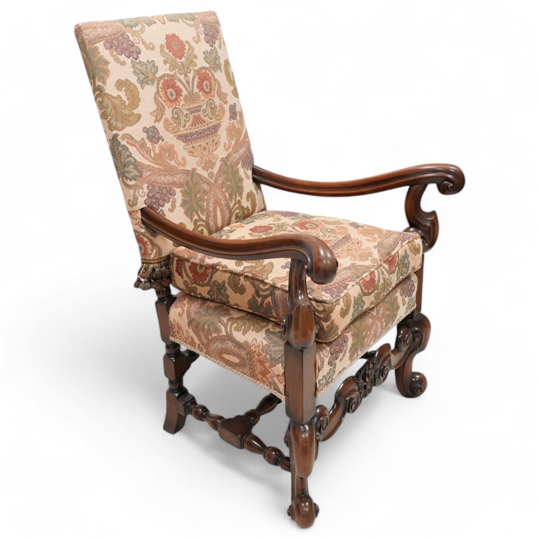 Carolean design walnut framed open armchair | Antique & Revival ...