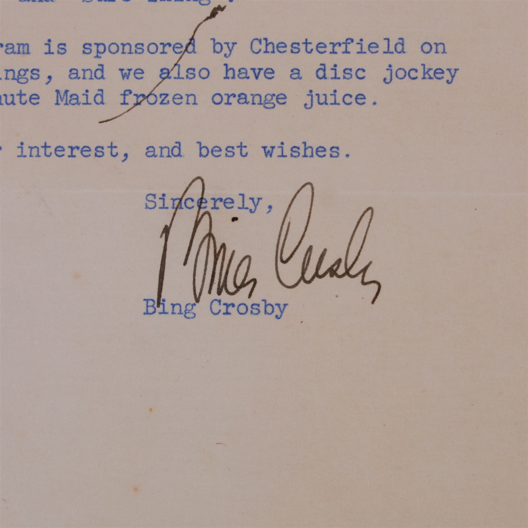 Bing Crosby signed typed letter, addressed to fan Mr Wick Boggs of Kentucky, detailing his next picture 'Riding High', signed and on 'Bing Crosby Hollywood' letterhead, together with a black and white photograph of Crosby smoking a pipe, with certificate of authenticity
