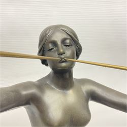 After Eugen Schlipf, Fanfair, bronzed female figure playing two horns, upon a circular marble plinth, H57cm