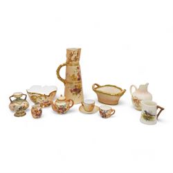 Royal Worcester porcelain including a blush ivory twin-handled basket, shape no. 2365, L13.5cm, blush ivory jug, of tapering form, shape no. 1047, pierced bowl, 1930s small barrel form jug, hand painted with a Redstart, signed, blush ivory flatback jug, twin handled vase, together with a Worcester style miniature part tea set, unmarked 