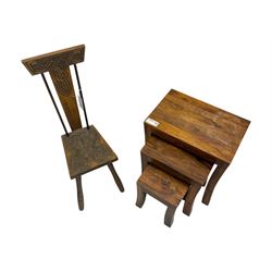 Early 20th century Celtic-design carved oak hall chair, decorated with carved interlacing knot motifs, raised on three splayed supports (W24cm, D26cm, H79cm); nest of three hardwood tables, rectangular tops raised on curved and splayed supports (W45cm, D30cm, H46cm) 