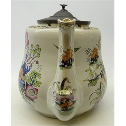  Large 19th century Ironstone shop display teapot, pewter lid with bird finial, Chinoiserie decoration and lustre highlights, probably James Dixon & Son, unmarked, H38cm x W53cm   
