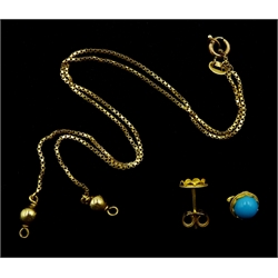 18ct gold chain and two 18ct gold studs, one set with a turquoise stone, stamped or tested 