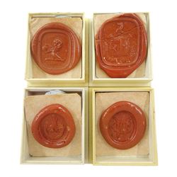 Victorian 15ct gold swivel fob, the agate intaglio depicting a crescent moon above a castle and inscribed 'Noli Me Tangere', the reverse bloodstone monogrammed 'MG', Birmingham, 1890 and two gold-plated carnelian and agate intaglio fobs, all with wax seal impressions