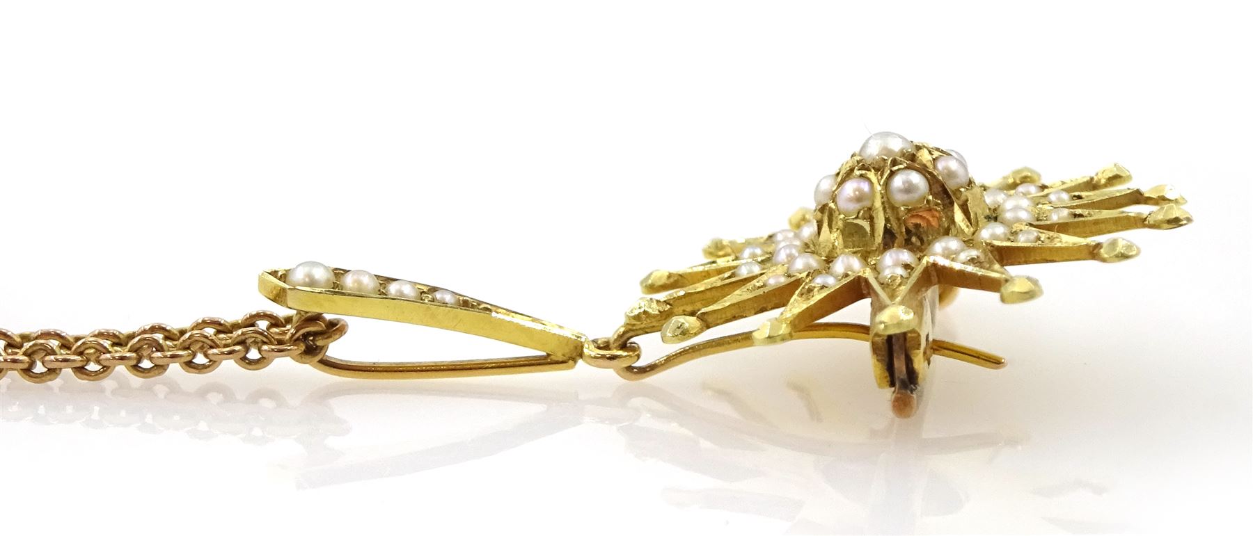 Edwardian 15ct gold seed pearl pendant/brooch, on 9ct gold chain necklace