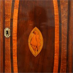 William Vise of Wisbech (Cambridgeshire)-8-day mahogany Longcase clock c1750, with a swan neck pediment and inlaid parterre, break arch hood door beneath flanked by detached reeded pilasters with brass capitals, trunk with conforming pilasters to the corners and an inlaid door with banding to the edge and oval satinwood inlay and matching conche inlay to the centre, conforming pediment with matching circular inlay and raised on bracket feet, brass break arch dial with interesting scroll and floral spandrels to the arch and four season spandrels to the corners, fully engraved dial centre with steel hands, engraved seconds dial and square date aperture, silvered boss to the arch with makers name and conforming chapter with Roman numerals, five minute Arabic's and minute track, dial pinned directly to a two train weight driven rack striking movement, sounding the hours on a bell. With weights and pendulum. 
Both a William and John Vise are recorded as working in Wisbech between 1740 and1758.